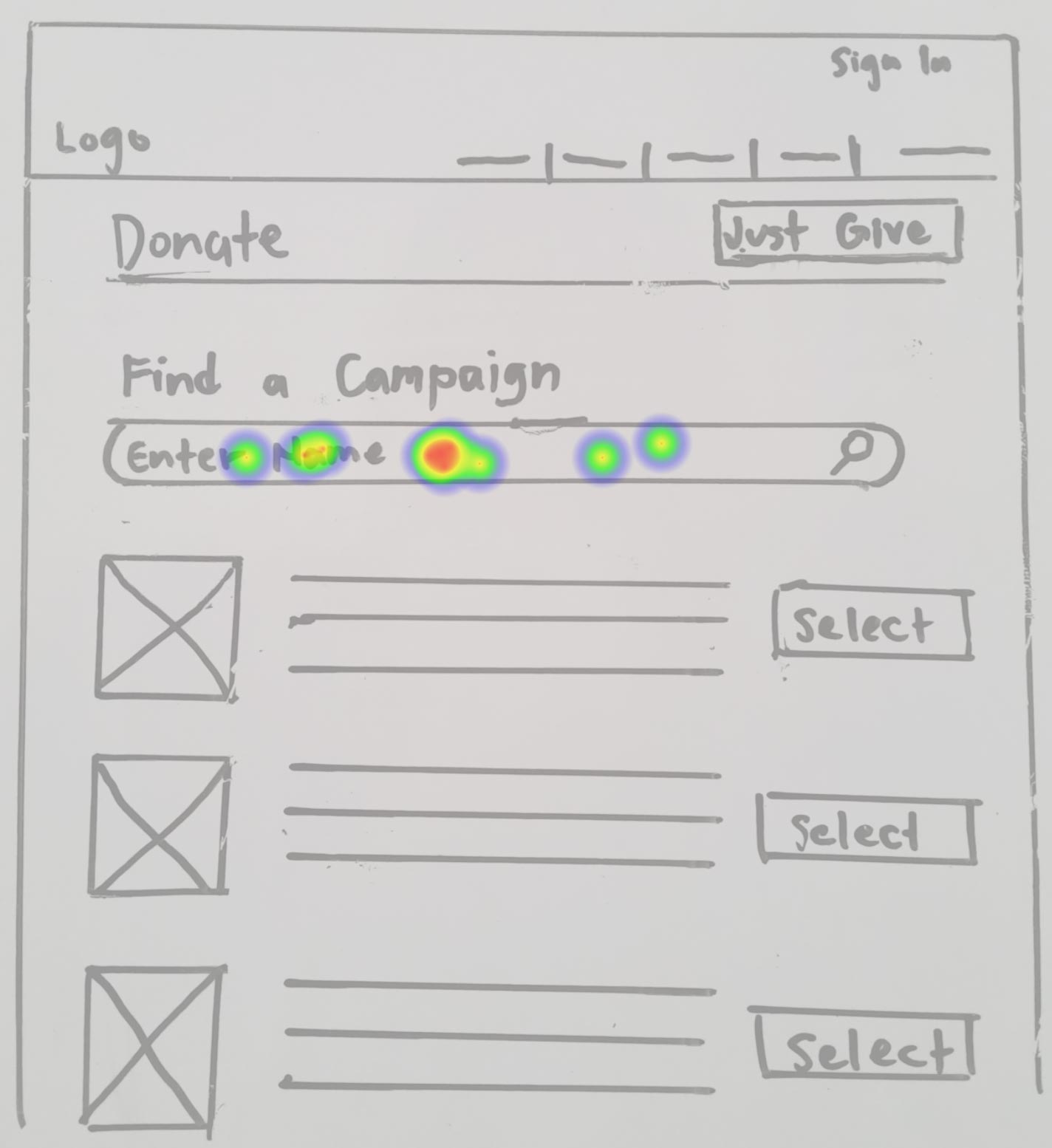 wireframes low fidelity testing for searching fundraiser campaign